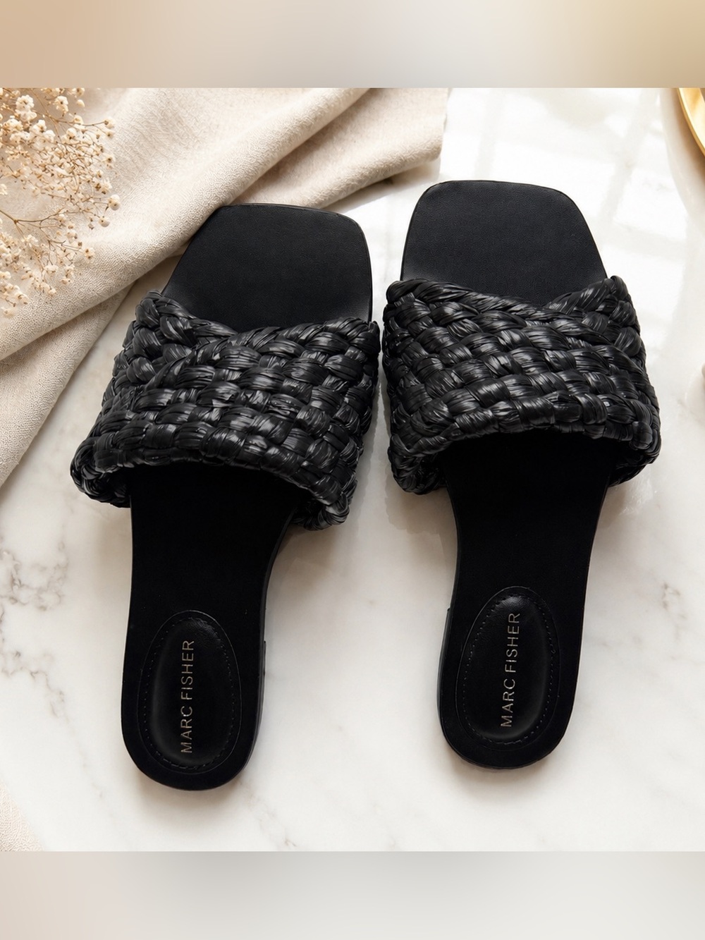 Marc Fisher Black Woven Slide Sandals